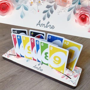 Support bois personnalisé "Stop galère" coloré pour cartes à jouer - modèle Fleurs