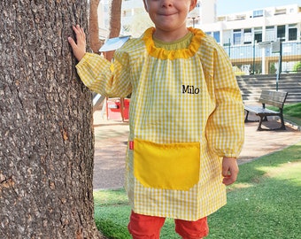 Blouse, tablier écolier personnalisé. Couleur jaune