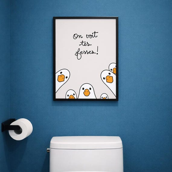 Affiche humoristique WC "On voit tes fesses" – décoration toilettes originale – poster drôle oies – A4 A3 avec ou sans cadre