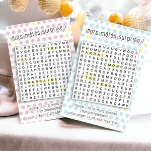Cartes jeu mots mêlés demande parrain et marraine - annonce surprise originale