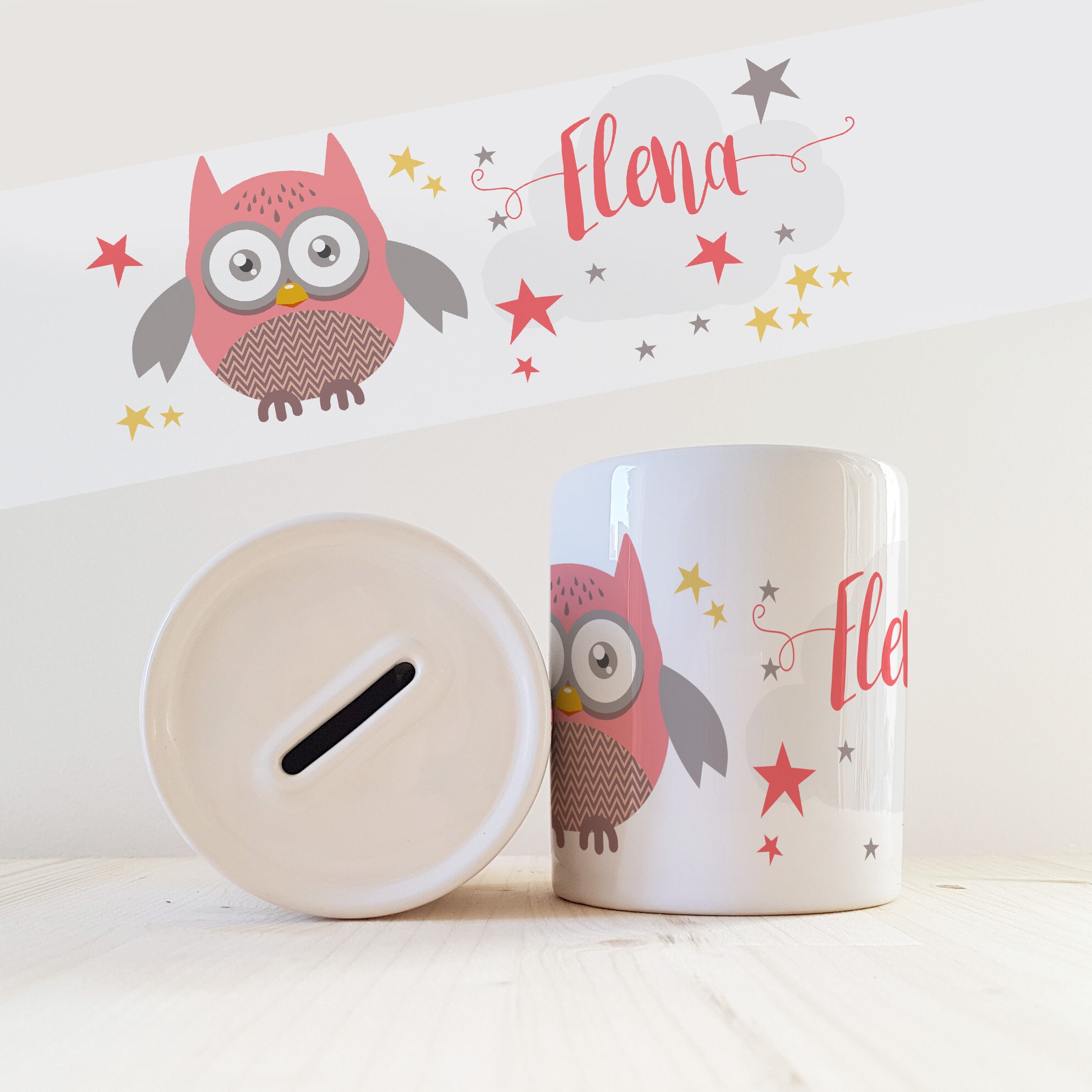 Tirelire Personnalisée avec Prénom Modèle Chouette Rose