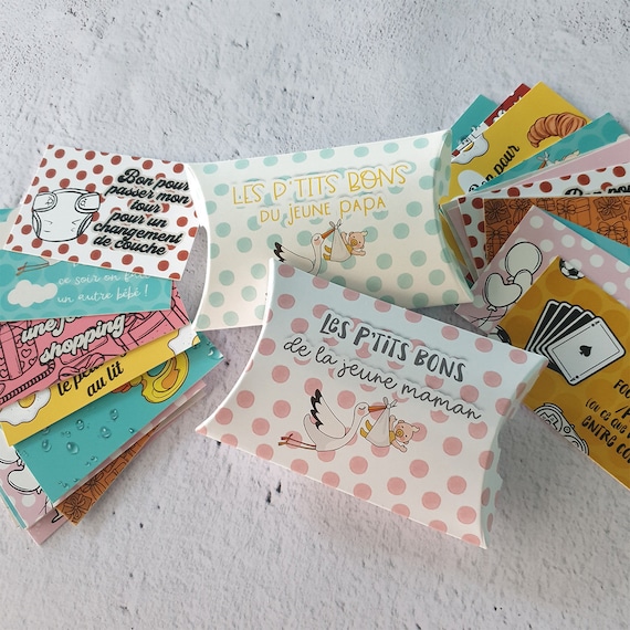 Lot de 12 "Bons pour" - Spécial Jeune papa ou maman|Cadeau original boîte à papa|Idée cadeau papa|cadeau futur papa|Cadeau papa personnalisé