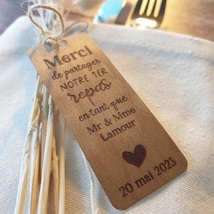 Etiquettes papier bois "Merci de partager notre 1er repas en tant que" pour couverts Mariage|Accessoire cérémonie mariage|Décoration mariage