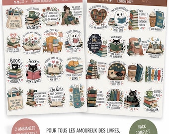 Stickerbogen für Bücherliebhaber – Gemütliche oder sanfte Edition | Illustrierte Lesesticker