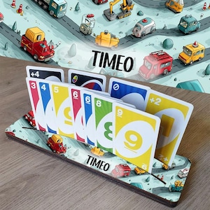 Support bois personnalisé "Stop galère" coloré pour cartes à jouer - modèle Voitures