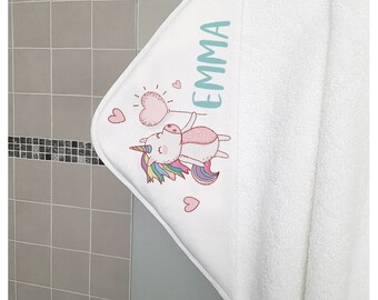 Cape de bain bébé personnalisée avec prénom Licorne et ballon