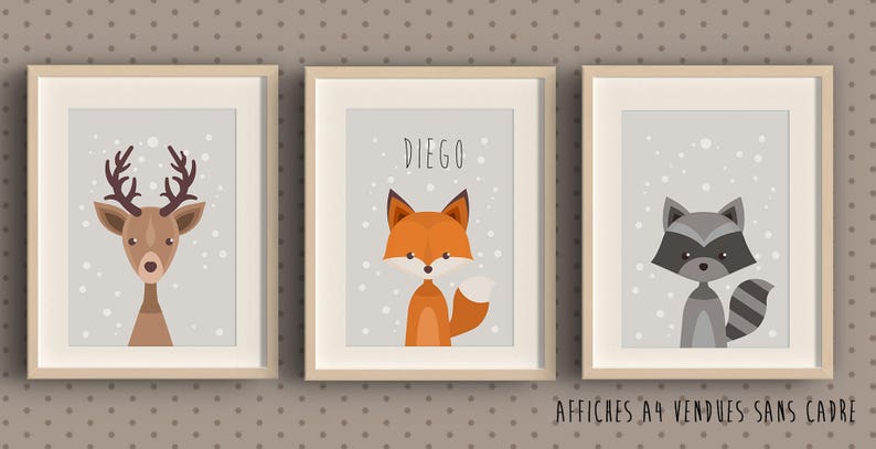3 Posters to frame for children's room Fox deer badger image 2