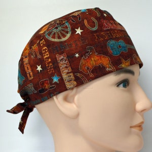 Blue Grass Cowboy Surgical Scrub Cap: USA Made Cotton Tie-Back with Optional Buttons