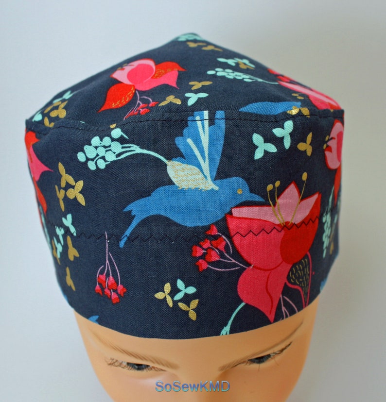 Surgical Scrub Caps for Women, Navy Blue Floral Hummingbird Gold Leaf
