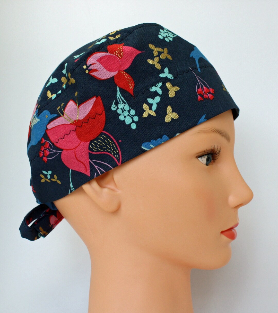 Surgical Scrub Caps for Women, Navy Blue Floral Hummingbird Gold Leaf