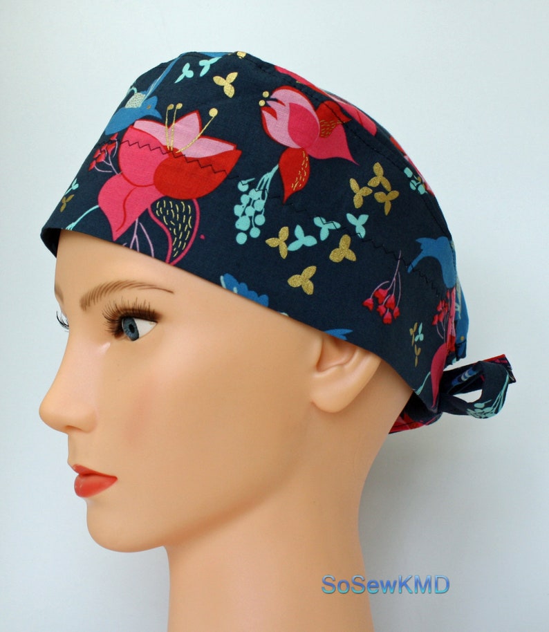Surgical Scrub Caps for Women, Navy Blue Floral Hummingbird Gold Leaf