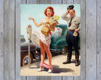 1940s Pin-Up Girl Feeding the Parking Meter Picture Poster Print Vintage Pin Up