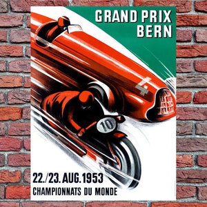 Vintage 1953 Switzerland Grand Prix auto motorcycle racing art poster print