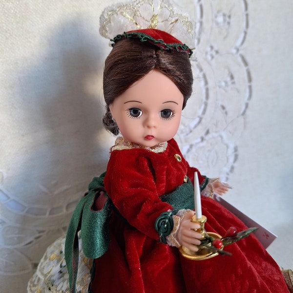 Victorian Christmas, Restrung, Madame Alexander, 8" Vintage Doll, Candlestick, Victorian Hat Accessories, Box, Wrist Tag