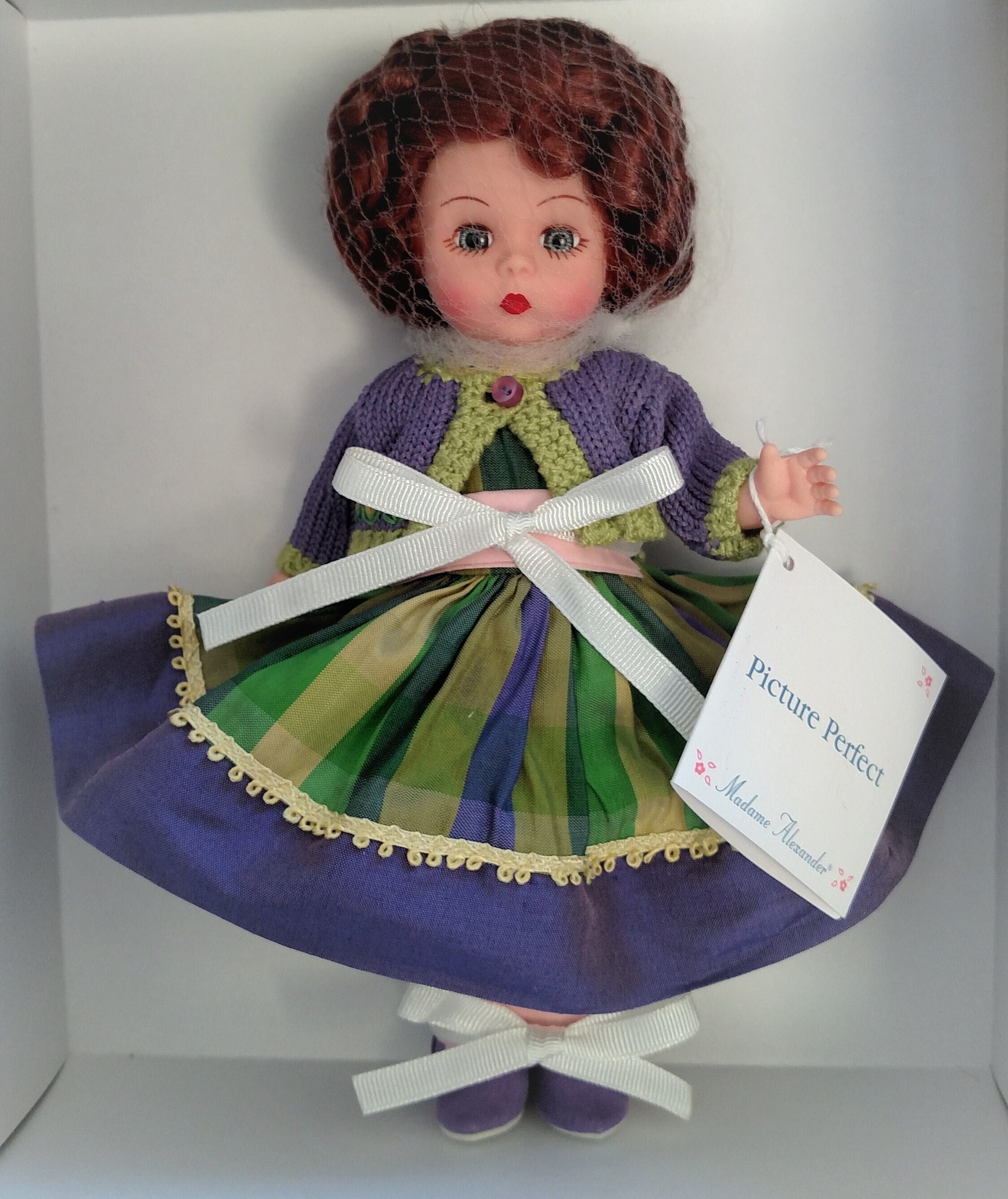 Imagen perfecta, NRFB, HTF, Madame Alexander, muñeca vintage de 8", vestido de seda, caja, etiqueta de muñeca, documentación
