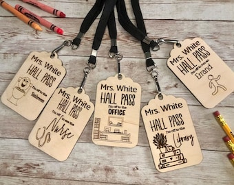 Personalized Wooden Hall Pass Set - Teacher's Classroom Lanyard Hall Pass Collection