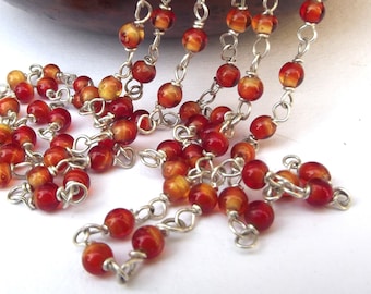 Collar de cuentas de vidrio Art Déco de la década de 1930: Plata de ley rojo anaranjado