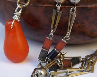 1920s Art deco celluloid blue and red glass pendant necklace, rare celluloid glass pendant necklace, for a collector, for a gift