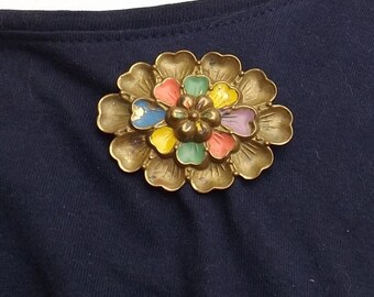 Broche Florale Art Déco En émail Cloisonné Sur Cuivre - Années 1920/1925, Vintage Avec Petit éclat