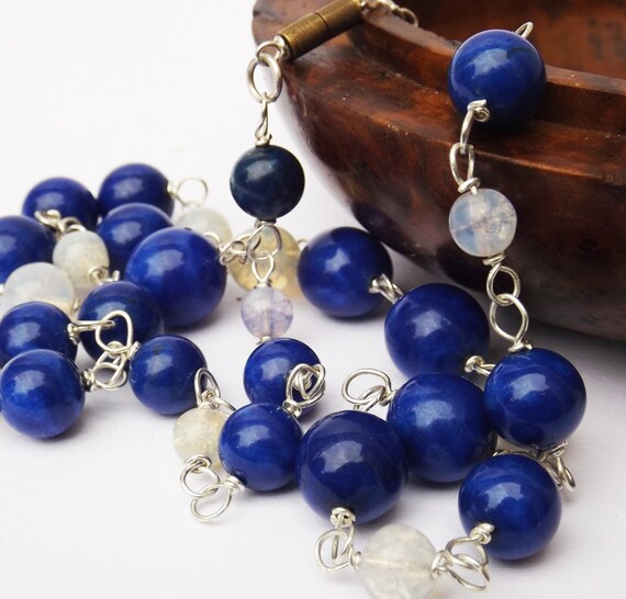 1930s Art deco blue white glass necklace, glass b… - image 2