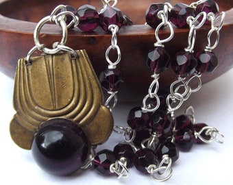 1930s Repurposed Purple Glass Brass Pendant Necklace Art Deco Antique Jewellery