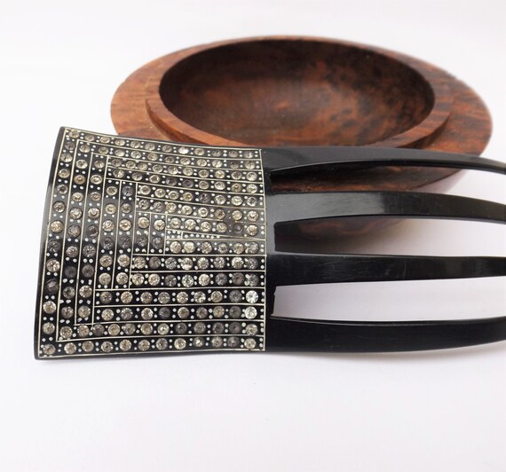Huge 1920s rhinestone hair comb, black celluloid h