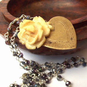 1930s Art deco celluloid rose with brass heart pendant gemstone necklace, heart rose pendant necklace, for a collector, for a birthday gift