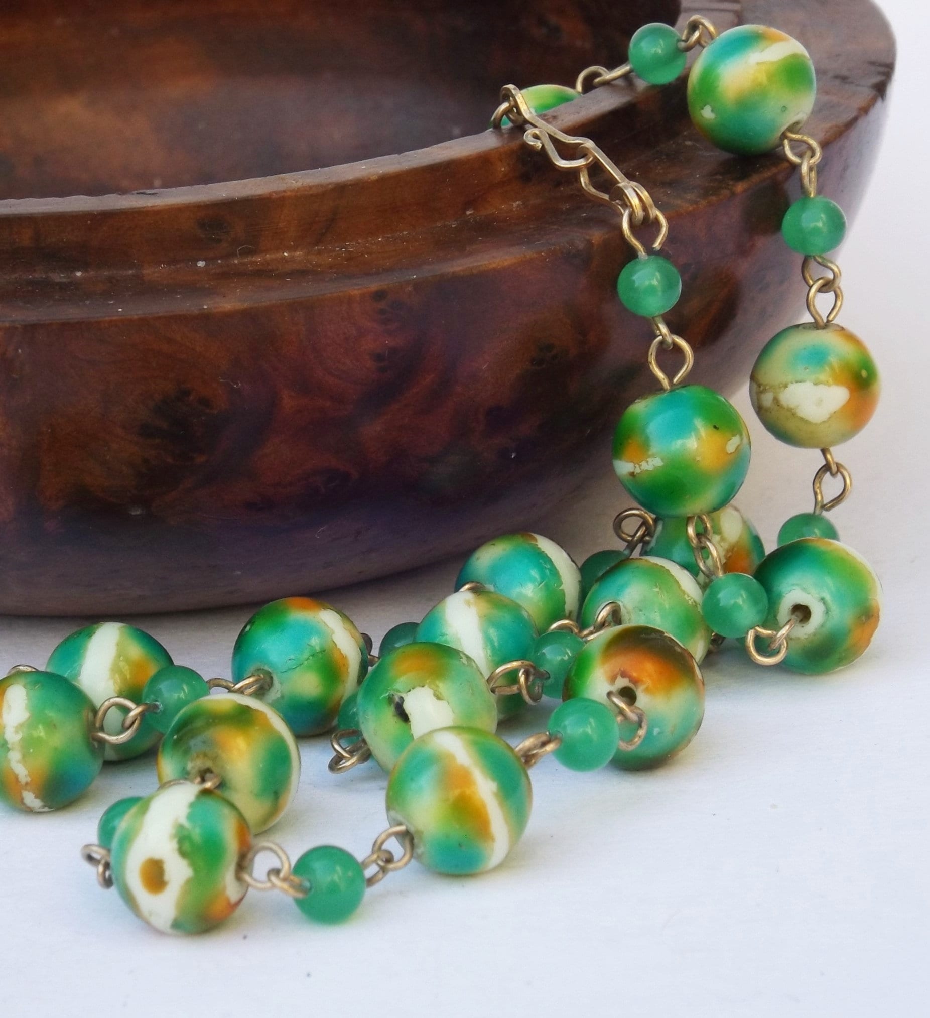 Azba Peacock Antique Black Beads Necklace Green