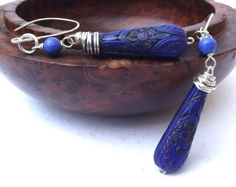 送料無料ラピス付きエジプトリバイバルイヤリング並行輸入 ヴィンテージ エジプト リバイバル スカラベ ラピス スターリング