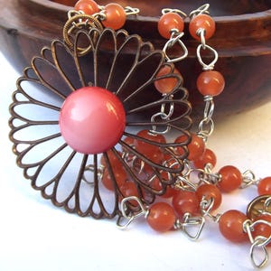 1920s repurposed brass daisy pendant with orange glass necklace, brass pink glass cab pendant with necklace, for a gift, for mum, for wife