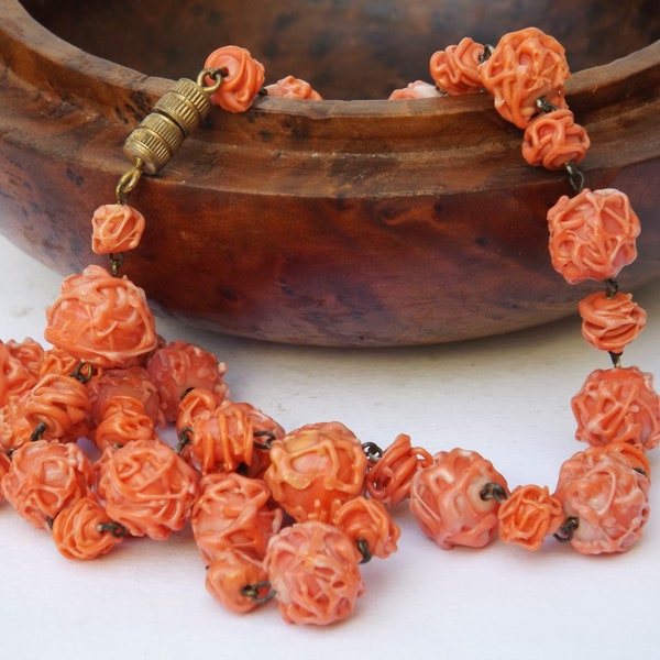 1920s Art deco orange pink glass wired necklace, 'spun' glass beaded necklace, Art deco wired necklace, glass bead necklace, for a gift