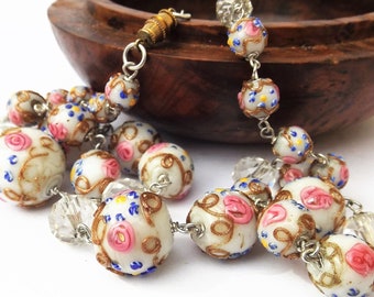 Collier Vintage En Verre Millefiori - Perles Orange, Vert, Doré, Longueur 88,9 Cm