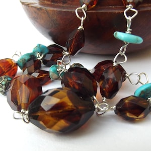 1930s Art Deco Necklace:  Brown Faceted Glass & Gemstone, Antique Repurposed Jewellery, For Gift