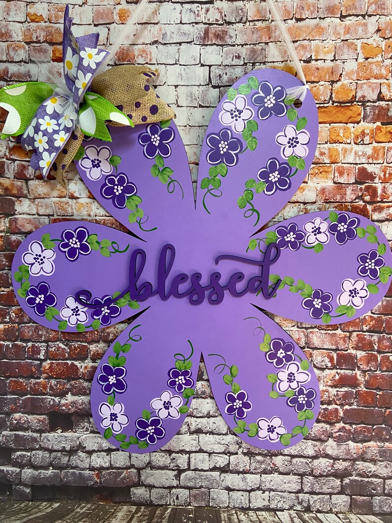 Purple Flower Door Hanger Wall Decorblessedrusticcountry Etsy