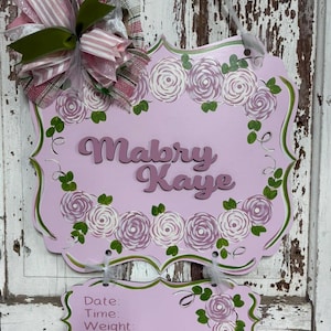 Pink with roses baby hospital door hanger