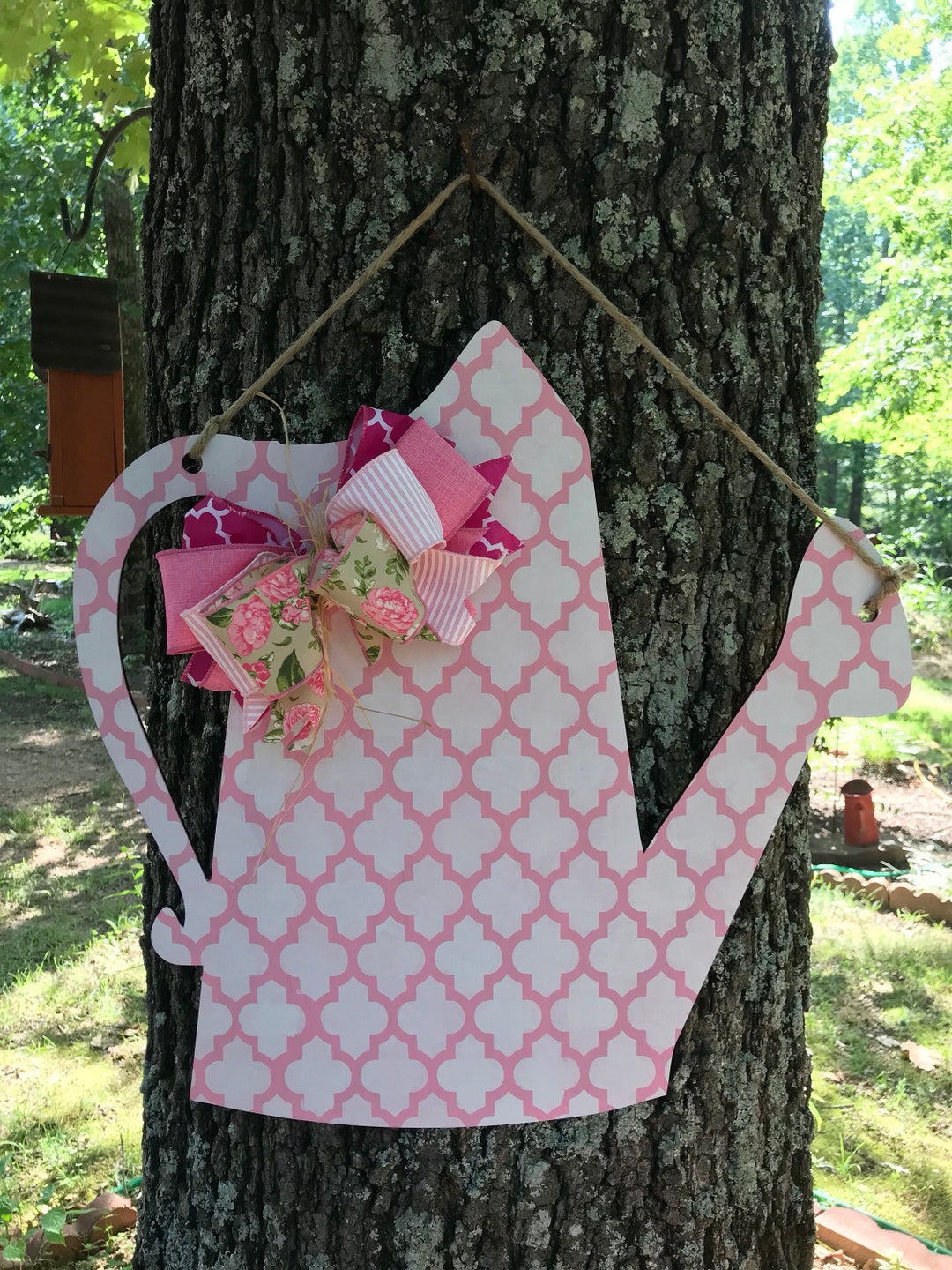 Pretty pink watering can door hanger, rustic ,garden,country,vintage