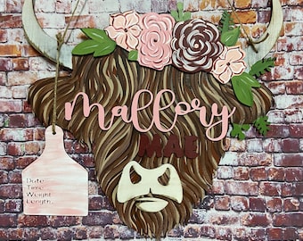 Highland Cow Baby Door Hanger: Nursery Decor, Stat Board