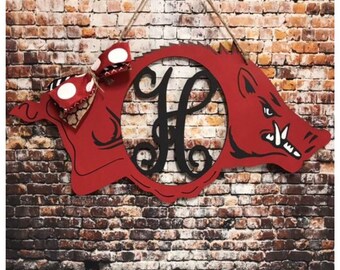 Arkansas Razorback Door Hanger with Ribbon and Raffia Woo Pig | Etsy