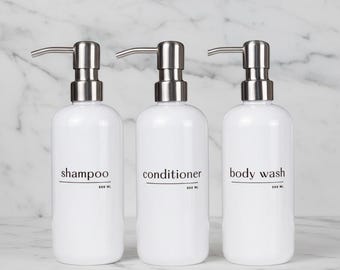 White Shampoo Dispenser Set: Stainless Steel Pump, Minimalist Bathroom Decor