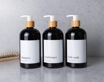 Refillable Bamboo Pump Bottle Set | Modern Black Bathroom Accessories Set | Minimalist Shampoo, Conditioner, Body Wash, Face Wash Containers