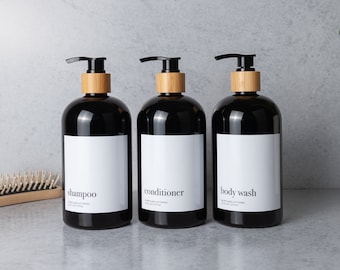 Bamboo Shampoo/Conditioner/Body Wash Bottle Set | Minimalist Pump Bottle Dispenser | Modern Bathroom Accessories | Shower Organization