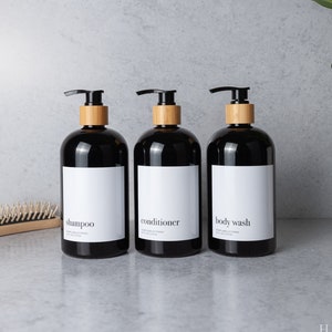 Bamboo Shampoo/Conditioner/Body Wash Bottle Set | Minimalist Pump Bottle Dispenser | Modern Bathroom Accessories | Shower Organization