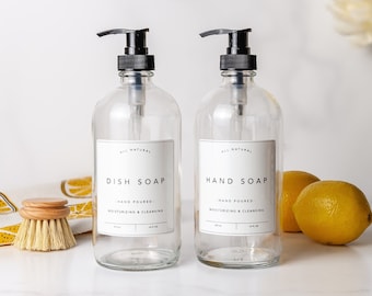 Hand Soap, Dish Soap, Lotion Clear Glass Dispenser Set | Timeless Vintage Kitchen Decor | Eco-Friendly Zero Waste Bottle | Housewarming Gift