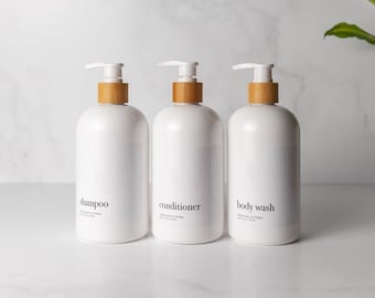 White Shampoo and Conditioner Bottles, Minimalist Shampoo Bottle, Shower Dispenser Set, Bathroom Organization, Body Wash Bottle, Set of 3