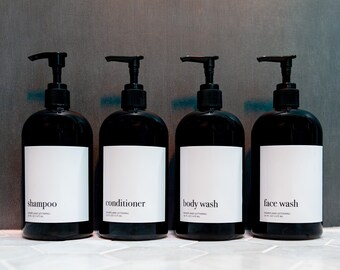 Modern Bathroom Accessories Set of 4 | Minimalist Black Shampoo & Conditioner Dispenser | Refillable Shower Bottles | Reusable Bathroom Gift