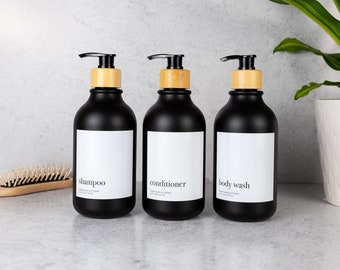 Matte Black Shampoo Bottle Set | Refillable Bamboo Pump Bottles | Minimalist Bathroom Accessories | Luxe Shampoo/Conditioner/Body Wash Decor