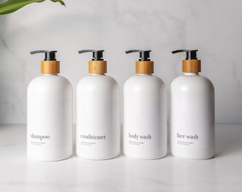 Set of 4 Shampoo Conditioner Body Wash Bottles, Face Wash Bottle, White Shampoo & Conditioner Bottles, Bathroom Organization, Minimal Decor