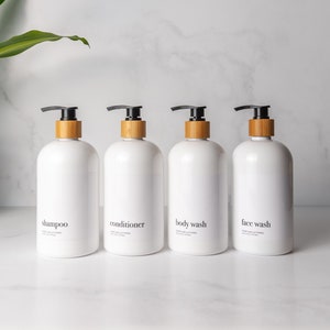 Set of 4 Shampoo Conditioner Body Wash Bottles, Face Wash Bottle, White Shampoo & Conditioner Bottles, Bathroom Organization, Minimal Decor