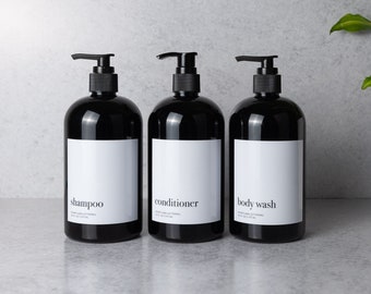 Refillable Shampoo, Conditioner, Body Wash Shower Dispenser Set | Minimalist Modern Black Bathroom Accessories Set | Bath Organization Gift