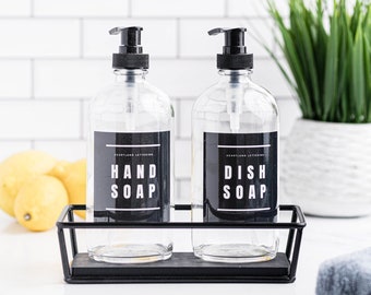 Kitchen Hand Soap, Dish Soap & Lotion Clear Glass Refillable Soap Dispenser Set with Black Pump in Bold | Makes a Great Housewarming Gift!